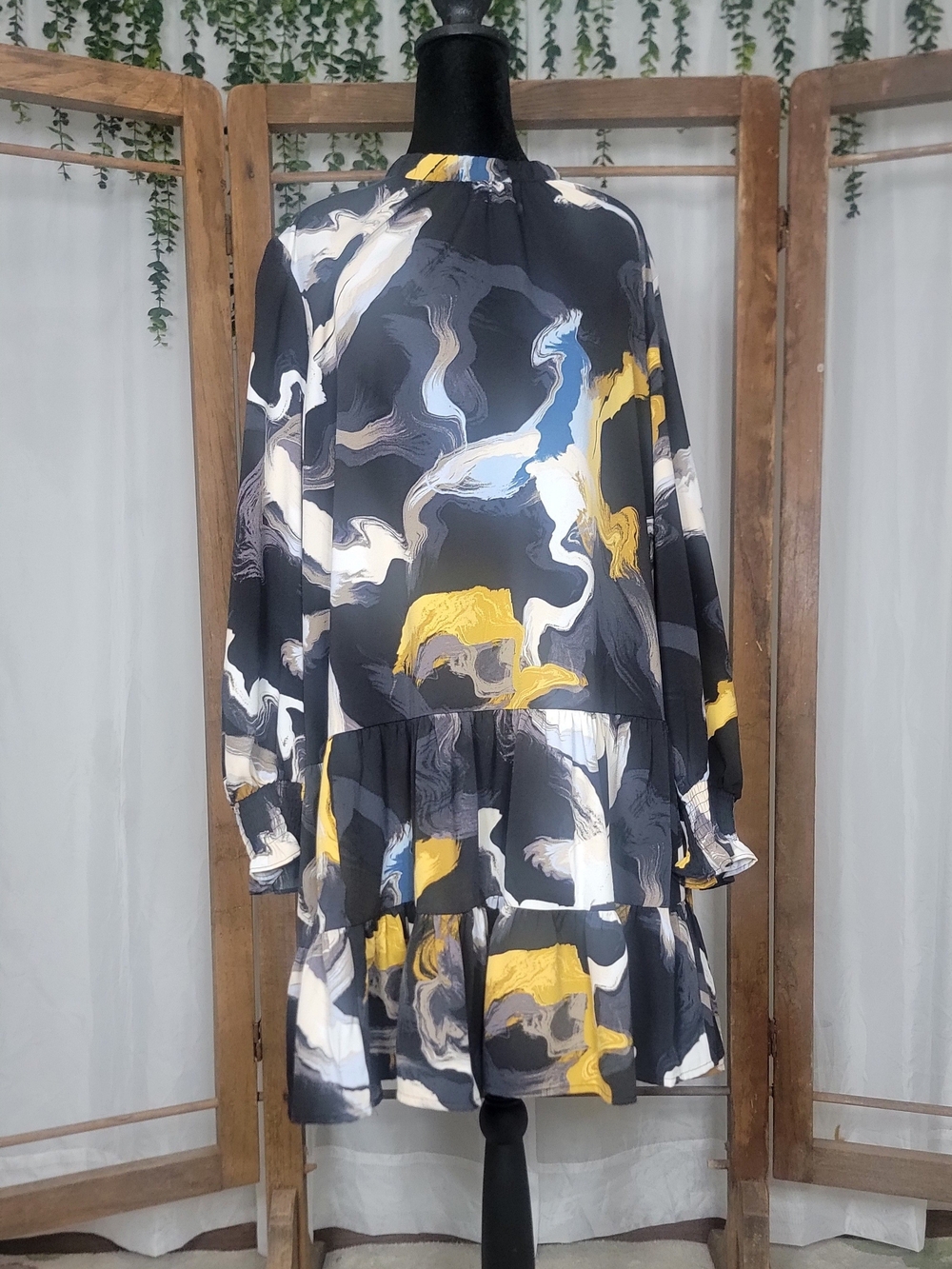 Abstract Print Tiered Ruffle Midi Dress Black Mustard Blue Boho - Picture 3 of 6